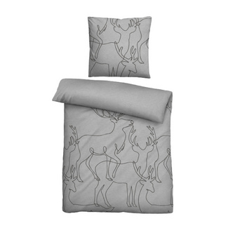 biberna Melange-Flanell Bettwäsche Hirsch sturmgrau, 1x 155x220 cm + 1x 80x80 cm
